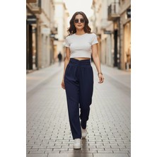Mossta Yüksek Bel Beli Büzgülü Tasarım Aerobin  Pantolon - Lacivert