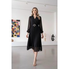 Mossta Kruvaze Yaka Şifon Kumaş Astarlı Kloş Kesim Midi Elbise Siyah