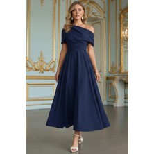 Mossta Asimetrik Yaka Midi Pileli Krep Elbise - Lacivert