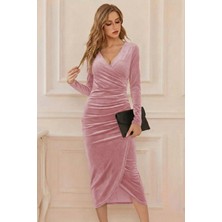 Mossta Kruvaze Yaka Bel Büzgü Detay Midi Kadife Elbise - Pembe