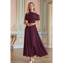 Mossta Asimetrik Yaka Midi Pileli Krep Elbise - Bordo