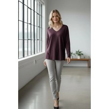 Mossta V Yaka Viskon Iki Iplik Bluz - Mürdüm