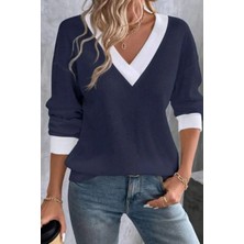 Mossta V Yaka Waffle Kumaş Şık Bluz - Lacivert