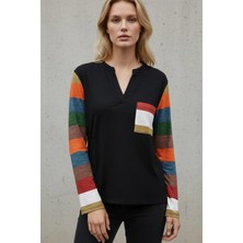 Mossta Cep Detaylı V Yaka Kadın Viskon Bluz - Siyah