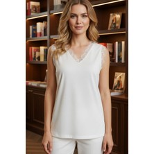 Mossta Dantel Detaylı V Yaka Sandy  Bluz - Beyaz