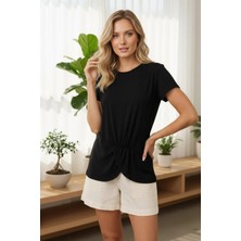 Mossta Kısa Kollu Asimetrik Detaylı Rahat Kesim Viskon Bluz - Siyah