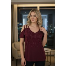 Mossta Omuz Pencereli Taş Baskılı Viskon Bluz - Bordo