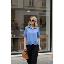 Mossta Kısa Kollu Lazer Kesim Detaylı Düğmeli Fisto Bluz - Mavi