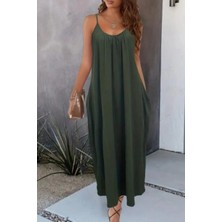 Mossta Ip Askılı Cepli Rahat Kesim Viskon Elbise Haki