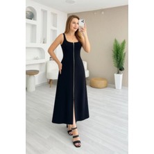 Mossta Kare Yaka Önü Fermuarlı Uzun Krep Elbise - Siyah