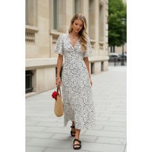 Mossta V Yaka Çiçek Desenli Midi Boy Süprem Elbise - Beyaz