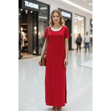 Mossta Kısa Kollu Yandan Yırtmaçlı Uzun Viskon Elbise - Kırmızı