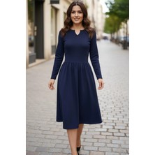 Mossta Uzun Kollu Yan Cepli Minimalist Midi Boy Ithal Krep Elbise - Lacivert