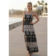 Mossta Ince Askılı Kare Yaka Süprem  Elbise - Desenli