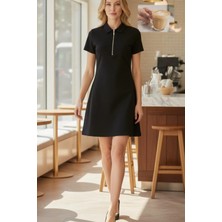 Mossta V Yaka Fermuar Detaylı Kısa Kollu Kloş Elbise - Siyah