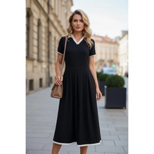 Mossta V Yakalı Şerit Detaylı Rahat Kesim Krep Elbise - Siyah