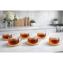 6'lı Borosilikat Cam Bambu El Yapımı Rattan Tabaklı  Çay ve Kahve FINCANI180 ml