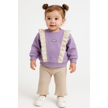 Chicsy Baby Kız Bebek Dantelli Çiçek Nakışlı 2’li Sweatshirt ve Ribana Pantolon Takım