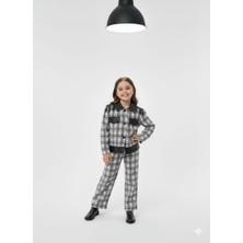 Bubiee Baby Kız Çocuk Siyah Beyaz Ekose Deri Detaylı Ceket ve Geniş Paça Pantolon 2 Li Takım