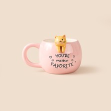 Evidea Kitchen Kedi Desenli Seramik Kupa - Pembe - 400 ml