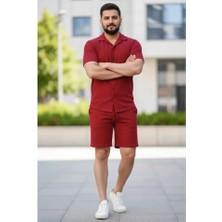 Nidam Butik Erkek Waffle Kumaş Kısa Kollu Gömlek Şort Takım Regular Fit Yazlık Ikili Set - Bordo