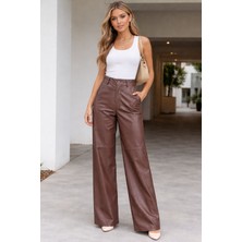 Zg Fashion Kadın Kahverengi Suni Deri Bol Paça Beli Fermuarlı Cepli Pantolon