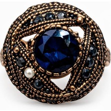 Vintage Mavi Zirkon Detaylı Bakır Kadın Yüzük