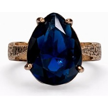 Lacivert Damla Taşlı Minimal Bakır Kaplama Kadın Çelik Yüzük