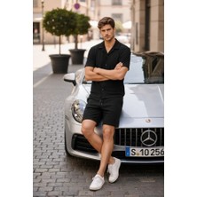 Nidam Butik Erkek Waffle Kumaş Kısa Kollu Gömlek Şort Takım Regular Fit Yazlık Ikili Set - Siyah