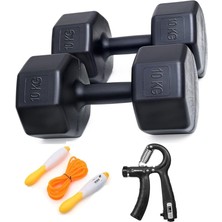 Misda Store Besinistanbul 10 kg Dambıl x 2 Adet = 20 kg Set Sayaçlı Ayarlanabilir El Yayı + Sayaçlı Atlama Ipi- Siyah