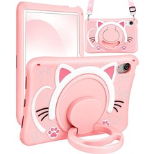 Leaf Shop Ipad (A16) 2025 ile Uyumlu Çocuklar ile Uyumlu Askılı Standlı 3D Kedi Figürlü Silikon Kılıf, Pembe