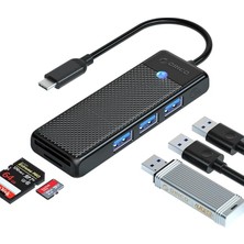 Leaf Shop Type-C To 3.0 Tf Sd Kart Okuyucu 3 Portlu USB 3.0 Çoklayıcı Adaptör Siyah