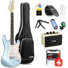Misda Store Elektro Gitar, 39 Inç Elektro Gitar Kiti, Yüksek Hız Çeliği Manyetik Bobin Bölmeli, DST-152R, Amplifikatörlü Başlangıç Seti, Çanta, Kapo, Askı, Yay, Akort Aleti, Kablo, Penalar, Buz Mavisi