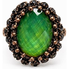 Yeşil Taşlı Bakır Kaplama Vintage Kadın Çelik Yüzük