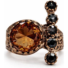 Kehribar-Siyah Taş Detaylı Bakır Kaplama Kadın Çelik Yüzük