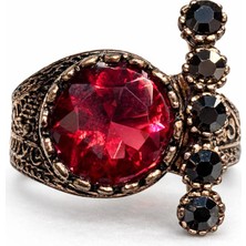 Kırmızı Taşlı Otantik Bakır Kaplama Kadın Çelik Yüzük