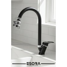 Esora Siyah Krom Mix Mutfak Bataryası Oynar Başlıklı Mutfak Musluğu Eviye Bataryası Çift Su Girişli