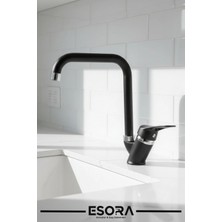 Esora Siyah Krom Köşe Borulu Mutfak Eviye Bataryası Çeşmesi Musluğu Çift Su Girişli