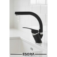 Esora Siyah Balık Sırtı Mix Mutfak Bataryası Filtreli Mutfak Musluğu Eviye Bataryası Çift Su Girişli