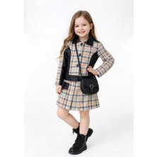 Bubiee Baby Kız Çocuk Deri Detaylı Ekose Ceket Etek Takım ve Çanta Hediyeli 3'lü Takım