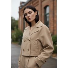 Mandala Tekstil Kadın Crop Kruvaze Düğmeli Cepli Cool Trençkot