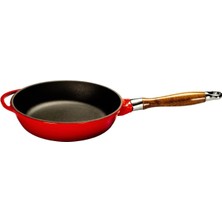 Misda Store Metal Cam Kapaklı Ahşap Kulplu Yuvarlak Kızartma Tavası, 24 Cm, Kırımızı