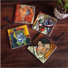 Misda Store Stone Picasso Ağlayan Kadın, Avignonlu Kızlar, Ayna Karşısındaki Kız, Otoportre Taş Bardak Altlığı Seti - 4 Parça - Dekoratif, Rustik Mutfak Aksesuarı, 10X10 Cm, Kaydırmaz Tabanlı SC228