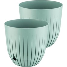 Leaf Shop Adet Çizgi Saksı Seti Tabaklı Delikli Plastik Çiçek Saksısı Set (Yeşil, 5 Litre)