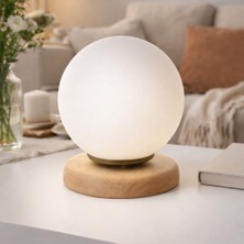 Mars Concept Minimal Küre Camlı Masa ve Gece Lambası, Masif Ahşap Taban (Gürgen Ağacı) E14
