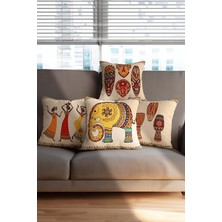 Misda Store Temalı Dekoratif Yastık Kılıfı Seti, 4'lü, Etnik Fil ve Dans Eden Figür Desenli, Premium Italyan Kadife