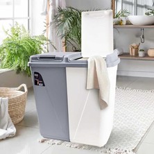 Leaf Shop Plastik Violet 90 Litre Çift Gözlü Çamaşır Sepeti Gri-Beyaz