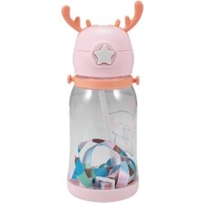 Leaf Shop Home Geyik Boynuzlu Pipetli Su Matarası, 600 ml Su Şişesi, Çocuklar Için Eğlenceli ve Güvenli Içme Deneyimi, Bpa Içermeyen, Dayanıklı ve Renkli Suluk (Pembe)