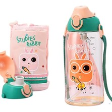 Leaf Shop Büyük Boy 700ML Kılıflı Askılı Pipetli/pipetsiz Iki Ayrı Kapaklı Tritan Çocuk Matarası (Studies Rabbit (Pudra Pembe-Yeşil))