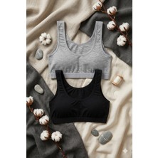 Underwear Bodyway 2'li Set Kalın Askılı Pamuklu Penye Büstiyer - Telsiz Balensiz Yarım Atlet Sporcu ve Uyku Sütyeni - Büyük Beden